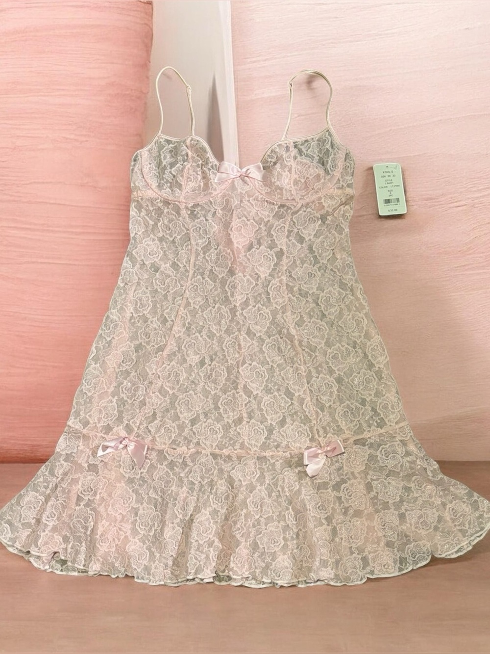 🎀NWT Inner Secrets Light Pink Lace Nightie and Thong Lingerie Set Size Small 🎀